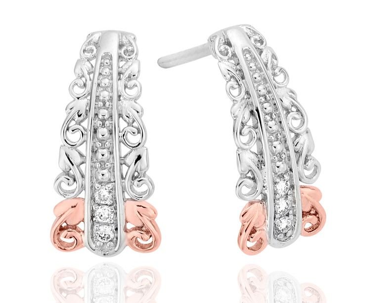 Image 1 of Am Byth Filigree Tapered Diamond Welsh Rose Gold Detail Sterling Silver Earrings