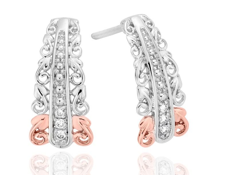 Image 1 of Am Byth Filigree Tapered Diamond Welsh Rose Gold Detail Sterling Silver Earrings