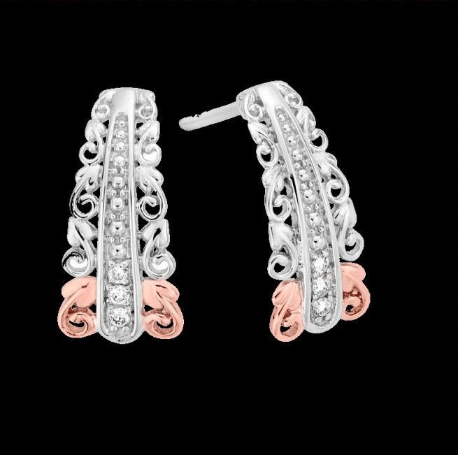 Image 0 of Am Byth Filigree Tapered Diamond Welsh Rose Gold Detail Sterling Silver Earrings