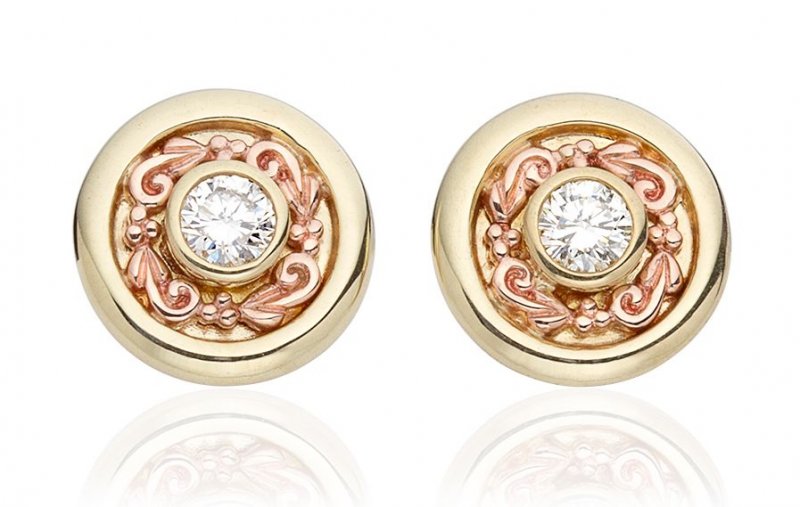 Image 1 of Am Byth Filigree Diamond Round Welsh Rose Gold Detail 18K Yellow Gold Earrings