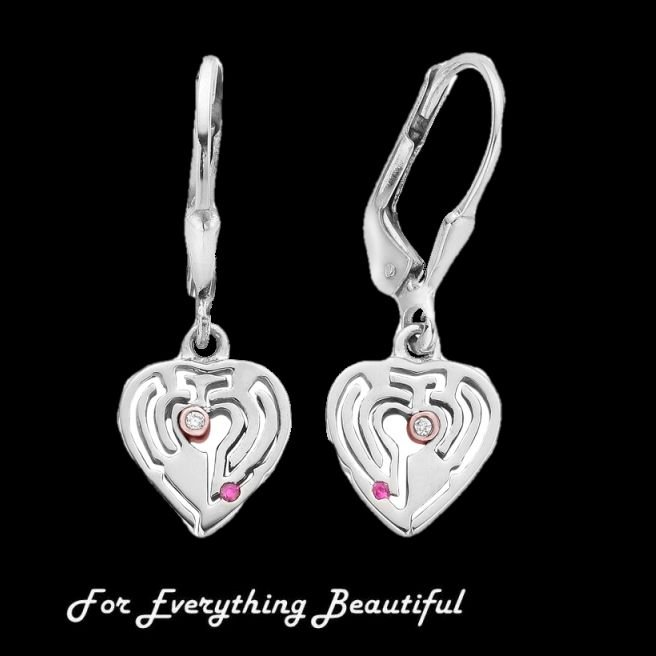 Image 0 of Love Maze Heart Diamond Ruby Welsh Rose Gold Detail Sterling Silver Earrings