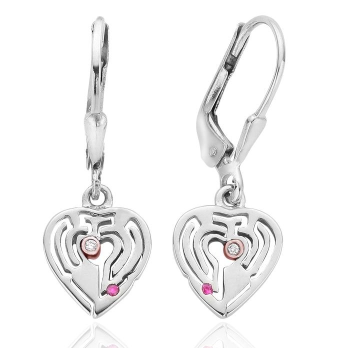 Image 1 of Love Maze Heart Diamond Ruby Welsh Rose Gold Detail Sterling Silver Earrings