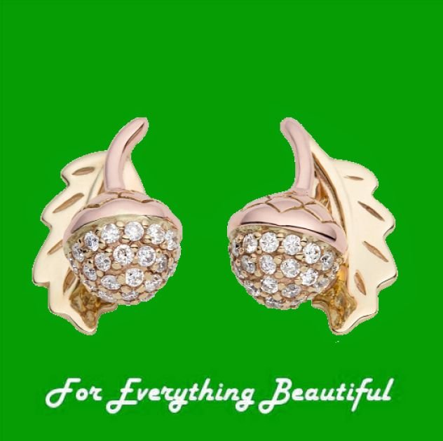Image 0 of Oak Acorn Leaf Diamond Welsh Rose Gold Detail 9K Yellow Gold Earrings
