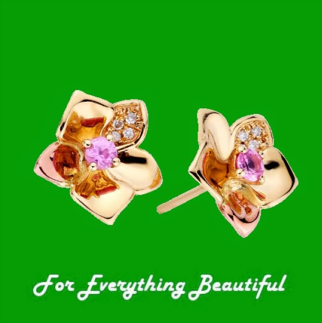 Image 0 of Orchid Pink Sapphire Diamond Welsh Rose Gold Detail 9K Yellow Gold Earrings