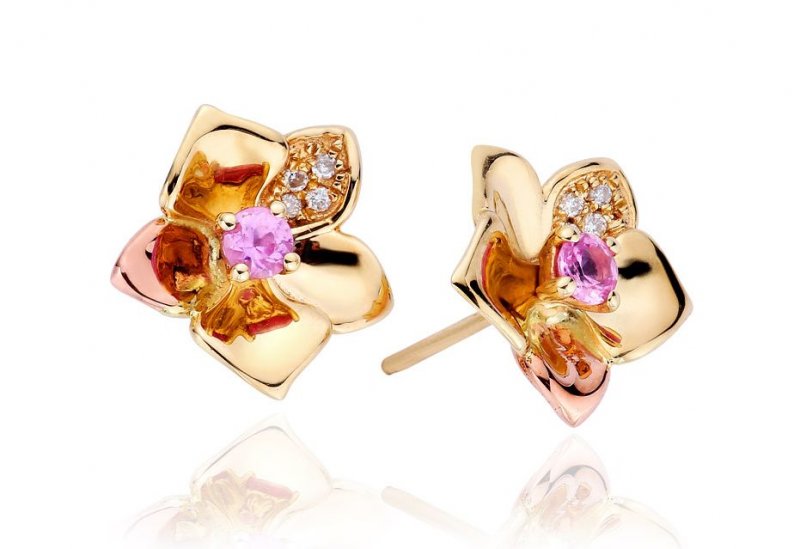 Image 1 of Orchid Pink Sapphire Diamond Welsh Rose Gold Detail 9K Yellow Gold Earrings