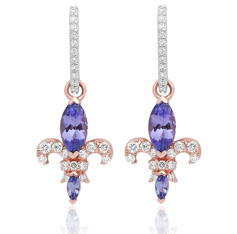 Image 1 of Royal Lily Tanzanite Diamond Welsh Rose Gold Detail 18K White Gold Earrings 