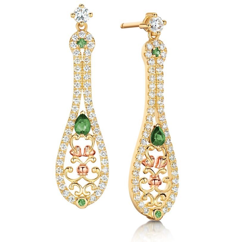 Image 1 of Crown Princess Emerald Diamond Welsh Rose Gold Detail 18K Yellow Gold Earrings 