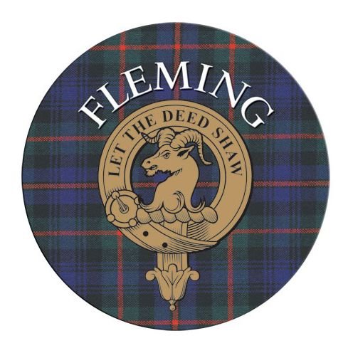 Image 1 of Fleming Clan Crest Tartan Cork Round Clan Badge Coasters Set of 4