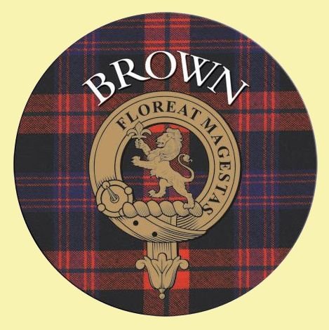 Image 0 of Brown Clan Crest Tartan Cork Round Clan Badge Coasters Set of 4 