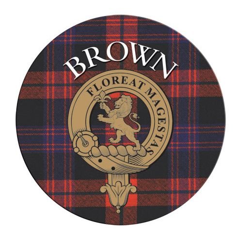 Image 1 of Brown Clan Crest Tartan Cork Round Clan Badge Coasters Set of 4 
