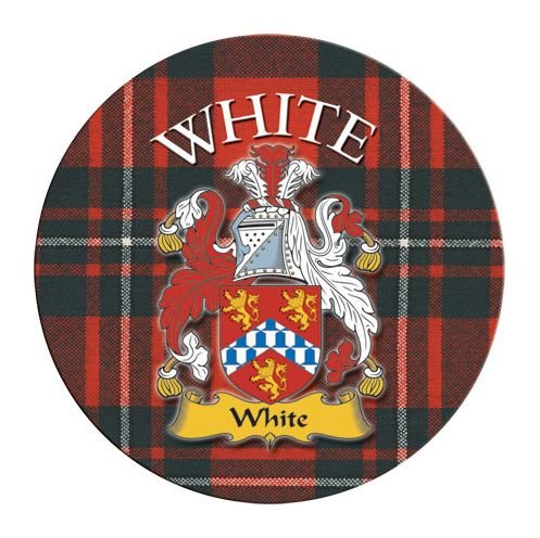 Image 1 of White Coat of Arms Tartan Cork Round Scottish Name Coasters Set of 10