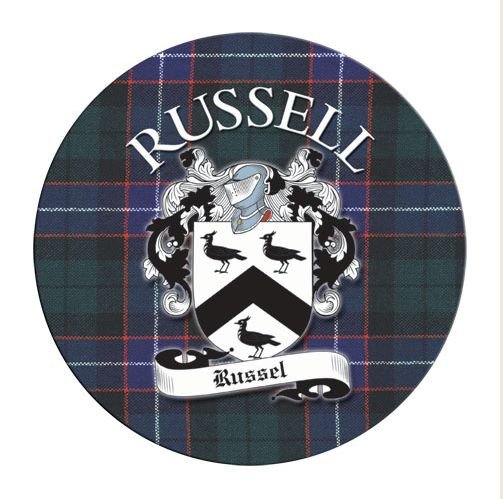 Image 1 of Russell Coat of Arms Tartan Cork Round Scottish Name Coasters Set of 4