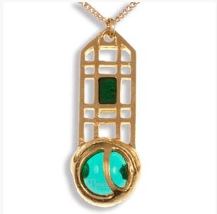 Image 1 of Mackintosh Rose Lattice Emerald Antiqued Gold Plated Pendant