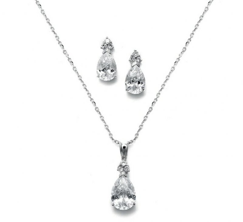 Image 1 of Pear Solitaire Teardrop Cubic Zirconia Wedding Necklace Earrings Bridal Set