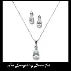 Pear Solitaire Teardrop Cubic Zirconia Wedding Necklace Earrings Bridal Set