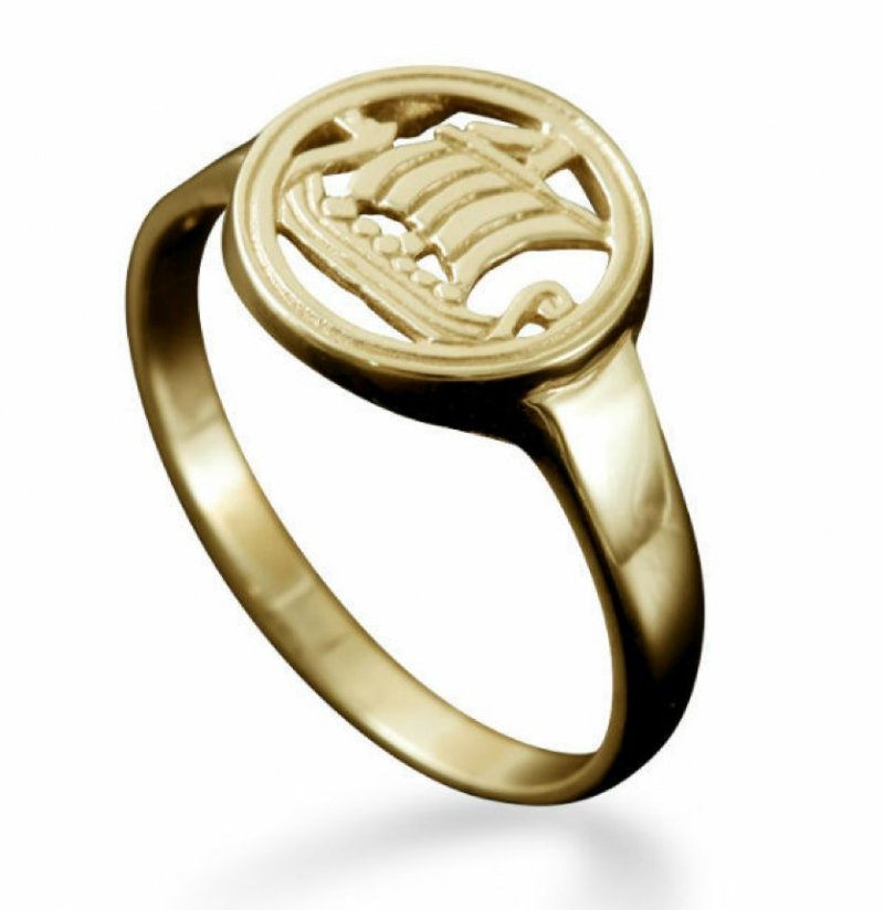 Image 1 of Viking Long Ship Design Mens 18K Yellow Gold Ring Size A-Q