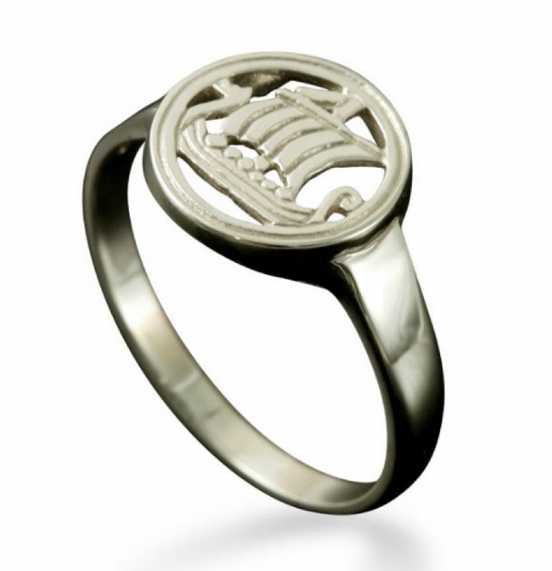 Image 1 of Viking Long Ship Design Mens 9K White Gold Ring Size A-Q