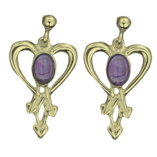 Image 1 of Glasgow Girls Heart Oval Amethyst Drop 9K Yellow Gold Earrings