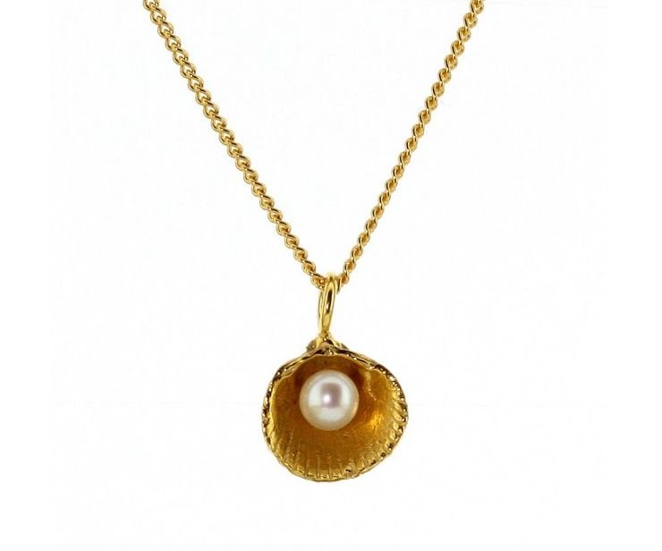 Image 1 of Cockle Shell Freshwater Pearl Snake Chain Small 9K Yellow Gold Pendant 