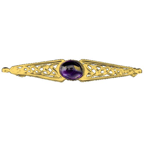 Image 1 of Celtic Knot Purple Amethyst Bar Design 9K Yellow Gold Brooch