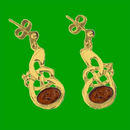 Image 0 of Celtic Knot Amber Drop 9K Yellow Gold Drop Earrings
