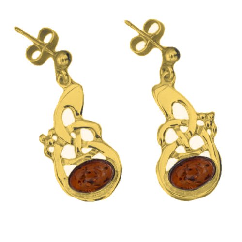 Image 1 of Celtic Knot Amber Drop 9K Yellow Gold Drop Earrings