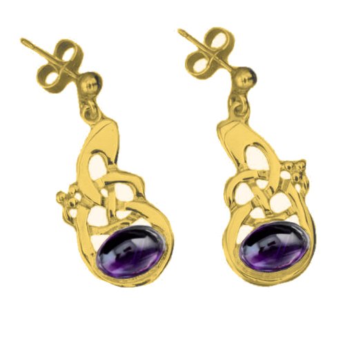 Image 1 of Celtic Knot Purple Amethyst Drop 9K Yellow Gold Drop Earrings