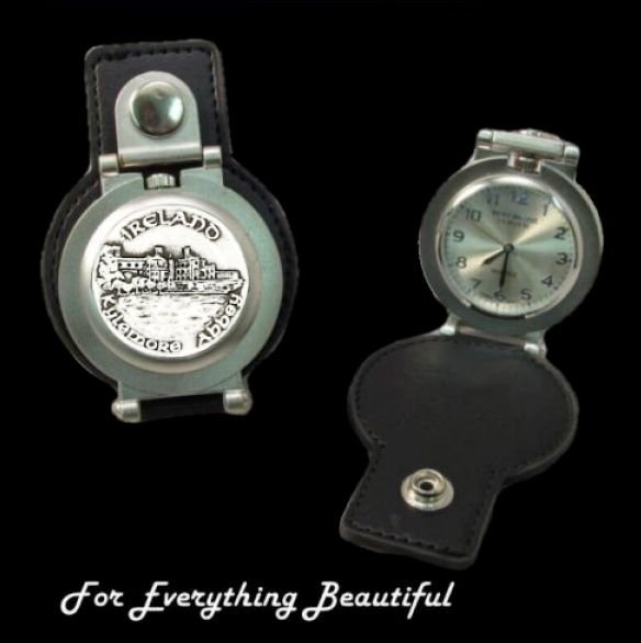Image 0 of Kylemore Abbey Ireland Pewter Motif Stainless Steel Leather Belt Pocket Watch