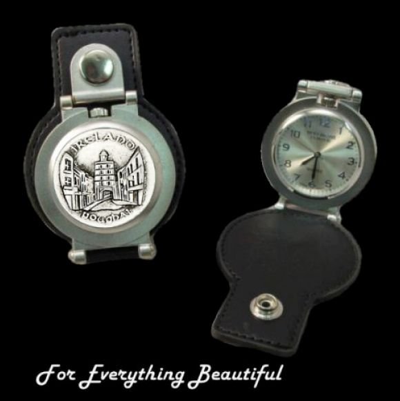 Image 0 of Younghal Cork Ireland Pewter Motif Stainless Steel Leather Belt Pocket Watch