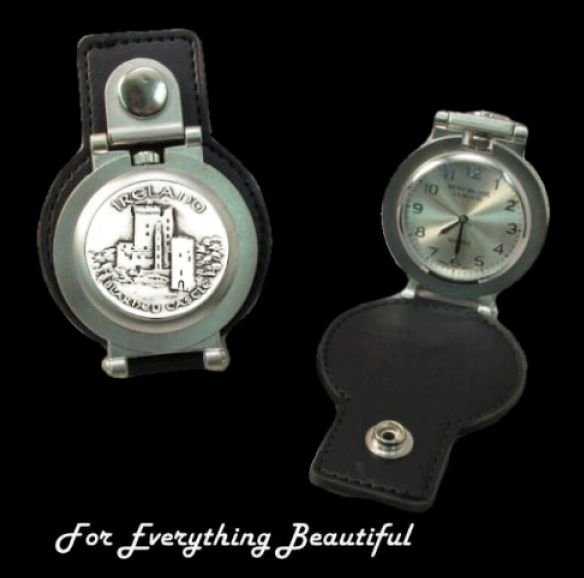 Image 0 of Blarney Castle Ireland Pewter Motif Stainless Steel Leather Belt Pocket Watch