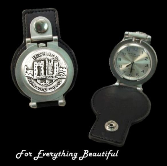 Image 0 of Bunratty Castle Ireland Pewter Motif Stainless Steel Leather Belt Pocket Watch