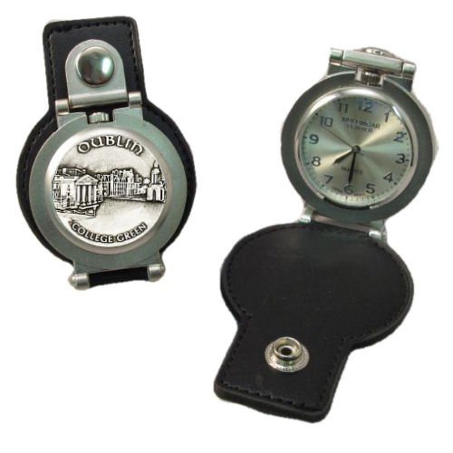 Image 1 of College Green Dublin Pewter Motif Stainless Steel Leather Belt Pocket Watch