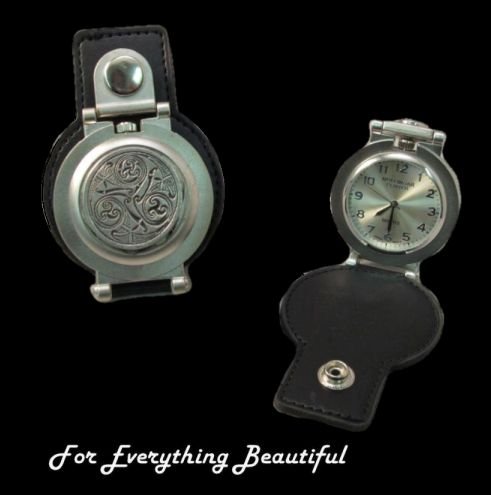 Image 0 of Celtic Spiral Trinity Pewter Motif Stainless Steel Leather Belt Pocket Watch