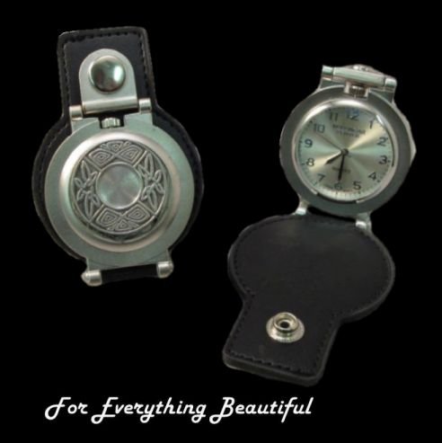 Image 0 of Celtic Knotwork Pewter Motif Stainless Steel Leather Belt Pocket Watch