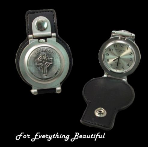 Image 0 of Celtic Cross Pewter Motif Stainless Steel Leather Belt Pocket Watch