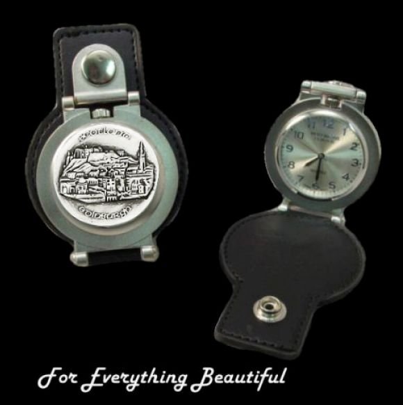 Image 0 of Edinburgh Scotland Pewter Motif Stainless Steel Leather Belt Pocket Watch