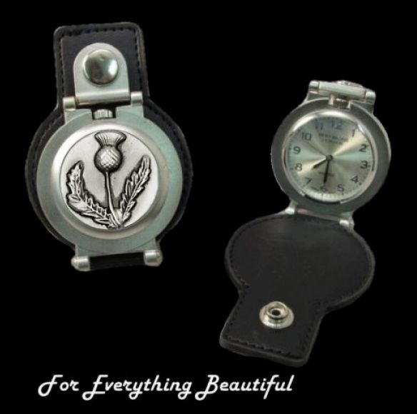 Image 0 of Thistle Emblem Scotland Pewter Motif Stainless Steel Leather Belt Pocket Watch