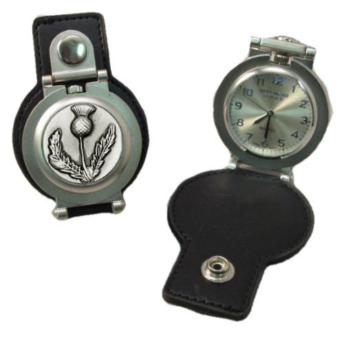 Image 1 of Thistle Emblem Scotland Pewter Motif Stainless Steel Leather Belt Pocket Watch
