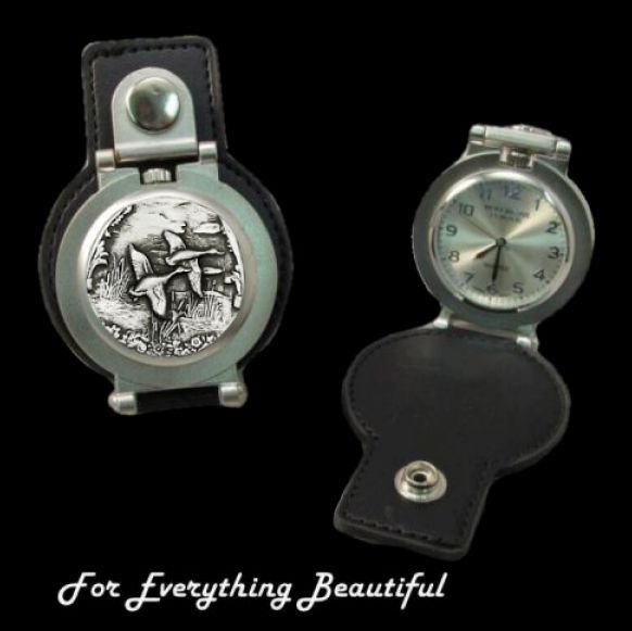 Image 0 of Ducks Bird Themed Pewter Motif Stainless Steel Leather Belt Pocket Watch