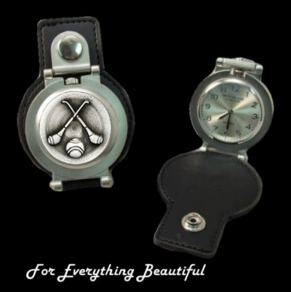 Image 0 of Hurling Pewter Motif Stainless Steel Leather Belt Pocket Watch