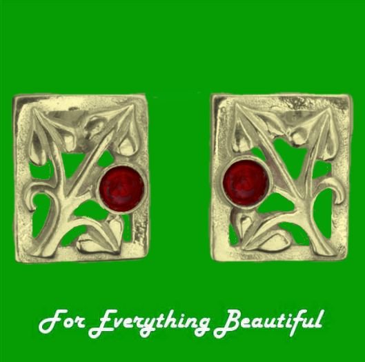 Image 0 of Glasgow Girls Art Nouveau Square Motif Garnet 9K Yellow Gold Stud Earrings