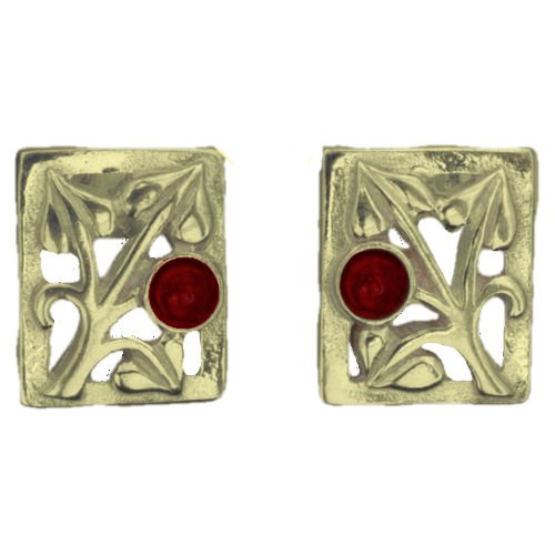 Image 1 of Glasgow Girls Art Nouveau Square Motif Garnet 9K Yellow Gold Stud Earrings