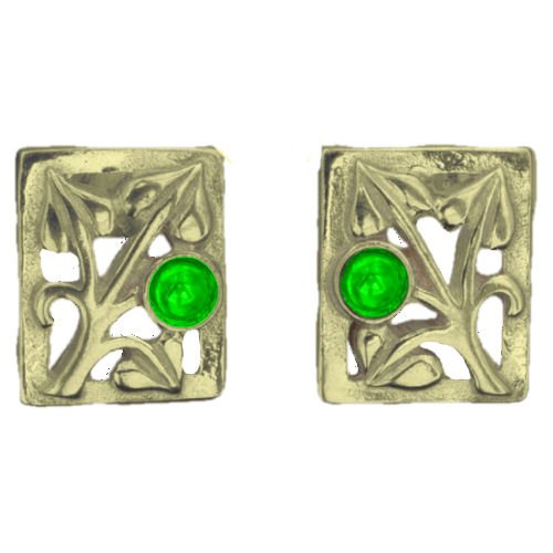 Image 1 of Glasgow Girls Art Nouveau Square Motif Peridot 9K Yellow Gold Stud Earrings