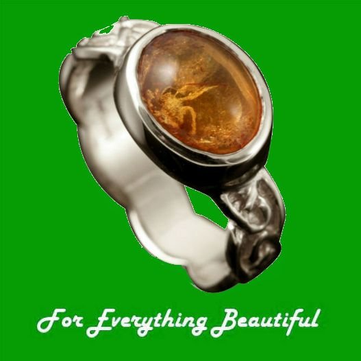 Image 0 of Muckle Roe Celtic Knot Oval Amber Ladies 9K White Gold Band Ring Sizes A-Q