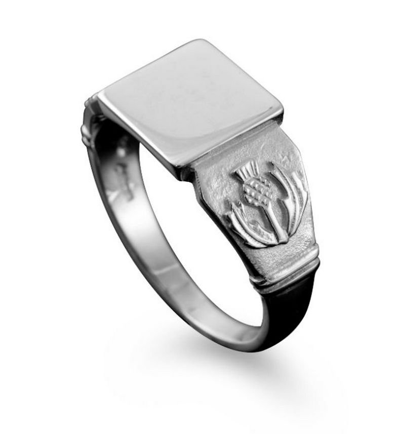 Image 1 of Scotland Thistle Emblem Small Signet Mens Sterling Silver Ring Sizes R-Z
