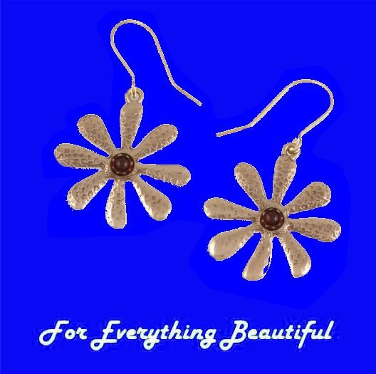 Image 0 of Dahlia Flower Hammered Textured Garnet Sheppard Hook Bronze Earrings