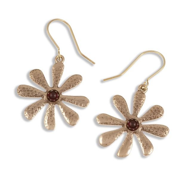 Image 1 of Dahlia Flower Hammered Textured Garnet Sheppard Hook Bronze Earrings