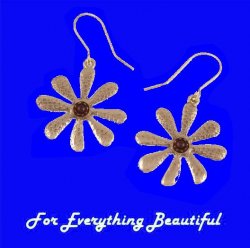 Dahlia Flower Hammered Textured Garnet Sheppard Hook Bronze Earrings