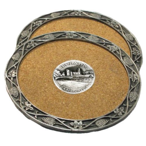 Image 1 of Cahir Castle Ireland Themed Cork Wine Stylish Pewter Edge Coasters Set of 4