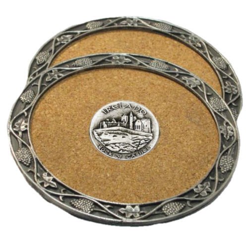 Image 1 of Rock Of Cashel Ireland Themed Cork Wine Stylish Pewter Edge Coasters Set of 4